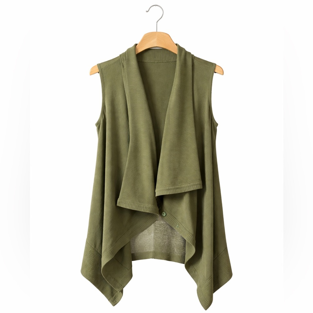 Apostrophe Olive Green Open Front Sweater Vest Drape Cardigan Size Small Boho